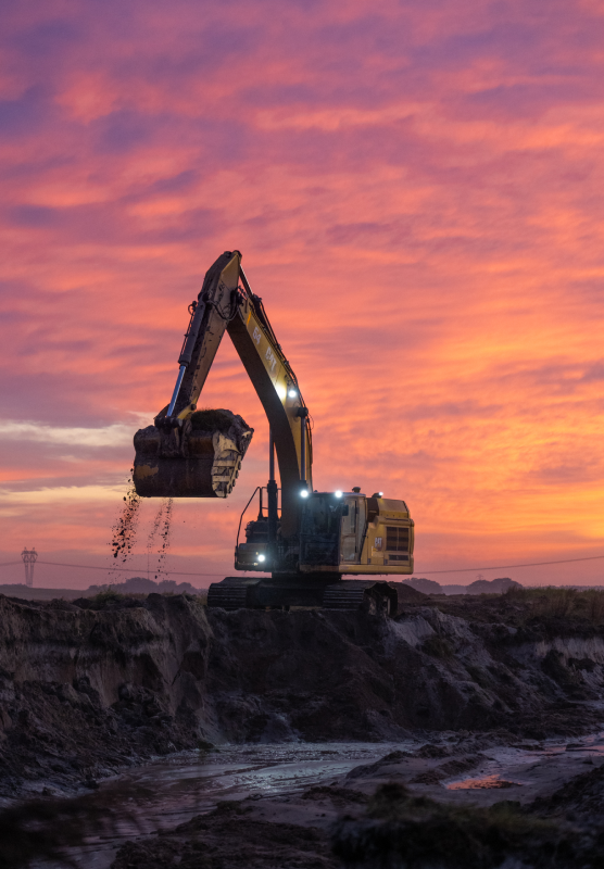 HBC, portrait, excavator, bucket raised holding dirt, pink purple sky, safety-at-hbc.png, About